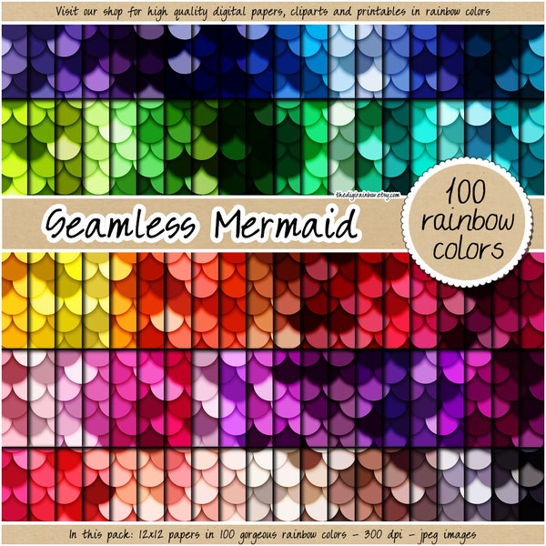 100 Seamless mermaid digital paper rainbow fish scale texture pattern little mermaid clipart multicolor dragon skin background commercial