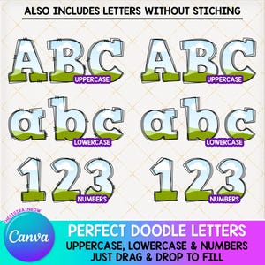 Editable Doodle Alphabet, Stitch CANVA Frames, Blank Doodle letters template, Drag and Drop font Uppercase lowercase numbers faux embroidery image 3