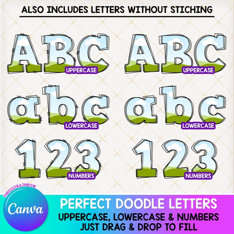 Editable Doodle Alphabet, Stitch CANVA Frames, Blank Doodle letters template, Drag and Drop font Uppercase lowercase numbers faux embroidery image 3