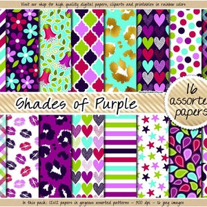 SALE SEAMLESS purple digital paper fall digital paper floral clipart purple and pink plaid pattern gold leopard kiss heart star stripes dots