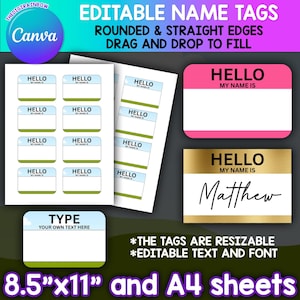 Hello My Name Is Custom Name Tag, Editable Name Badge Canva Template, Printable Label Templates,  Name sticker drag and drop frame bundle