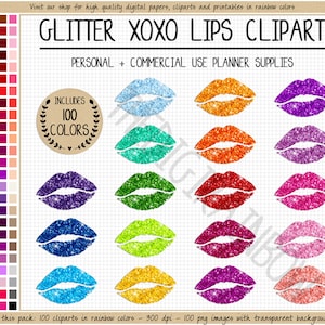 VERKOOP 100 GLITTER LIPPEN clipart afdrukbare lippenstift pictogram xoxo make-up regenboog kus lip vlek muah schoonheid clipart Goodnotes digitale sticker