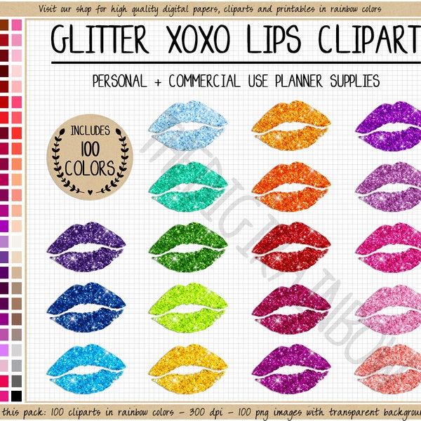 SALE 100 GLITTER LIPS clipart printable lipstick icon xoxo makeup rainbow kiss lip stain muah beauty clipart Goodnotes digital sticker