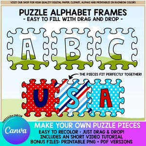 Editable Puzzle Template CANVA Alphabet Blank Puzzle Piece Kids Bulletin board Letters Back to school sublimation design Autism Font PNG PDF