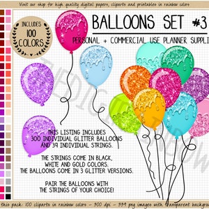 SALE 300 Glitzer Tropfenfänger Ballon Clipart Regenbogen Ballon Planen Aufkleber Gold Geburtstag digitale Papierballon Sublimation druckbare Gastgeschenke