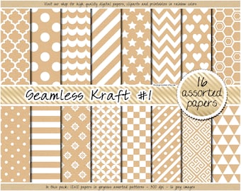 SEAMLESS Kraft digital paper printable brown paper texture Kraft pattern background chevron stripes dot star heart quatrefoil labels tags