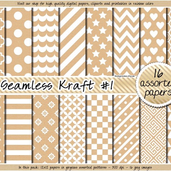 SEAMLESS Kraft digital paper printable brown paper texture Kraft pattern background chevron stripes dot star heart quatrefoil labels tags