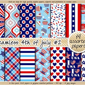 VENTA 4 de julio papel digital EE. UU. patriótico patrón sin costuras independencia 4 de julio cuadros cupcake clipart azul rojo estrella raya corazón