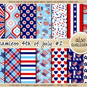 SALE Fourth of July digital paper seamless USA patriotic pattern Veteran clipart red blue plaid star stripe heart sticker fireworks polka image 7