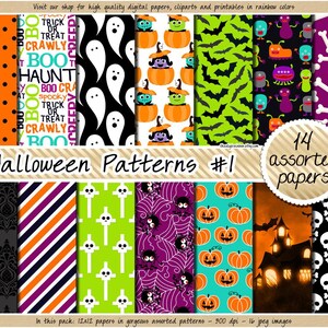 Halloween digitales Papier Halloween Cliparts Halloween Halloween Grusskarten Geister Monster Fledermäuse Spinnen Knochen Muster grün orange lila schwarz