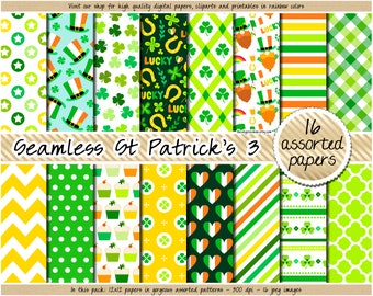 SEAMLESS Saint Patrick's Day digital paper Leprechaun clipart Green patterns Irish pride Lucky Shamrock Clover Horseshoe sublimation design