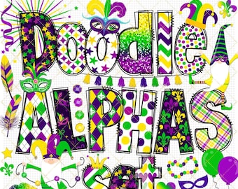 Mardi Gras Alphabet clipart Fleur de Lis letters carnival masquerade pearl sticker gold feather sublimation PNG font New Orleans mask party