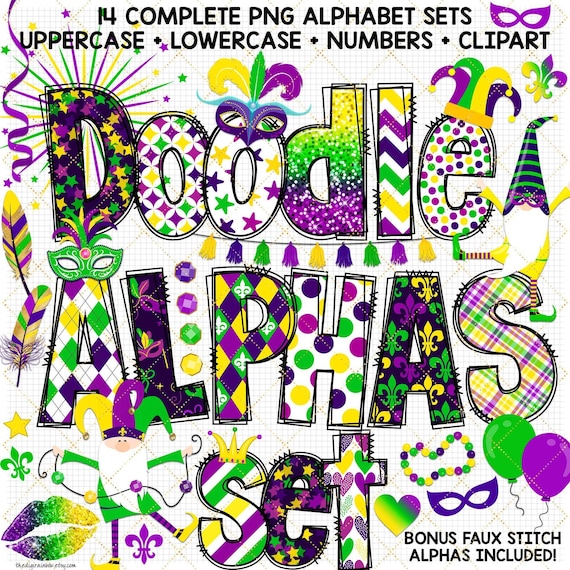 Mardi Gras Alphabet clipart Fleur de Lis letters carnival masquerade pearl sticker gold feather sublimation PNG font New Orleans mask party