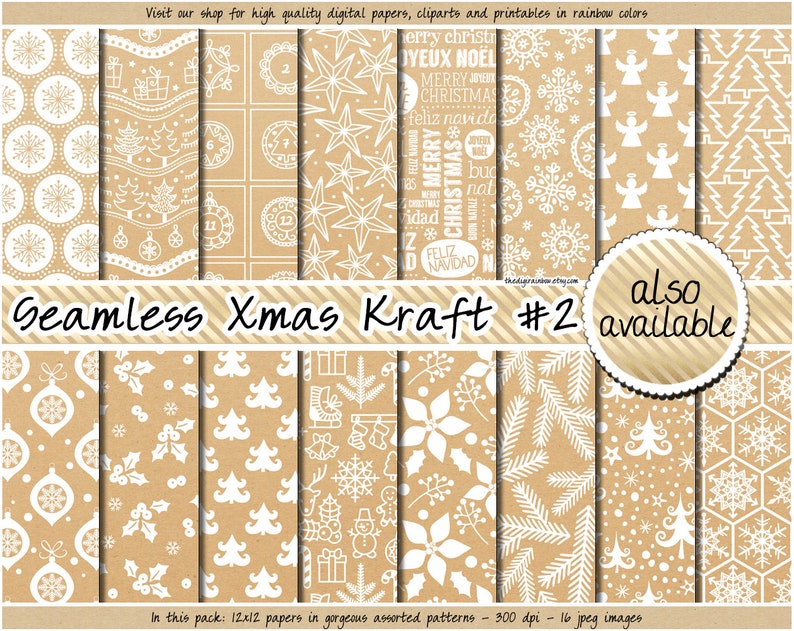SEAMLESS Christmas digital paper realistic Kraft texture printable wrapping paper Shabby pattern Winter Holiday background labels & gift tag image 4