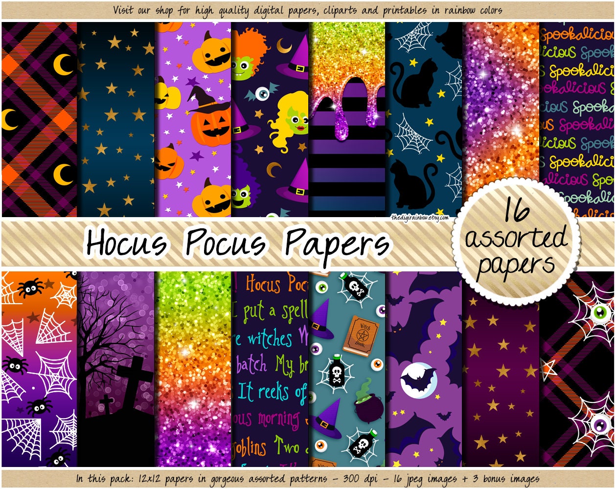 Halloween Digital Paper, Seamless Witch and Skull Gothic Patterns Black and  White Printable Scrapbook Paper Commercial Use 