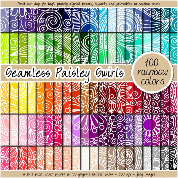 100 SEAMLESS paisley digital paper floral swirl printable bandana pattern rainbow scrapbook kit clipart 12x12 pastel neutral bright dark