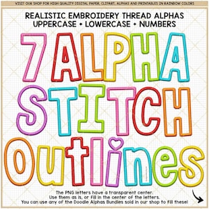 Rainbow Faux Embroidery Alphabet, Blank stitch letter outline, PNG alpha bundle Digital patch font purple pink red orange green yellow blue
