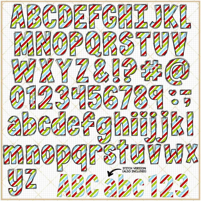 Christmas Doodle Alphabet Red and Green Plaid Letters Coquette Reindeer PNG sublimation Santa Hat Tree Sleigh Stocking Candy Cane clipart image 6