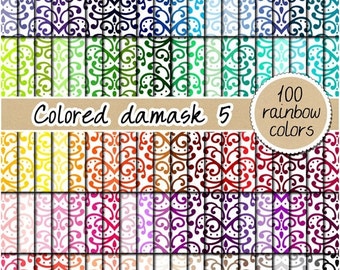 100 colored damask digital paper rainbow damask pattern elegant digital damask background damask clipart 12x12 pastel neutral bright da