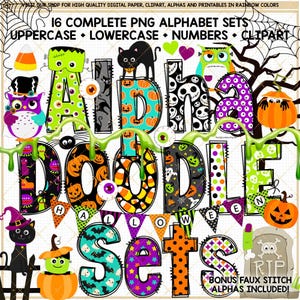 Halloween Alphabet Doodle PNG lettre Candy corn police Frankenstein clipart jack o lantern sublimation design bundle chat citrouille imprimable DTF