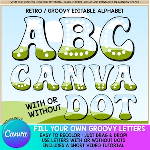Groovy CANVA Rahmenalphabet-Vorlage, bearbeitbare Alphas, füllen Sie Ihre eigenen DOT-Buchstaben, Retro-Schrift, kommerzielles Vintage digitales Sublimationsdesign
