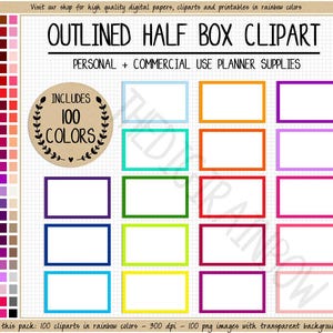 100 konturierte halbe Box Aufkleber blanko halbe Box druckbare Planer Aufkleber Regenbogen halbe Box hell Erin Condren Planer Clipart Aufkleber