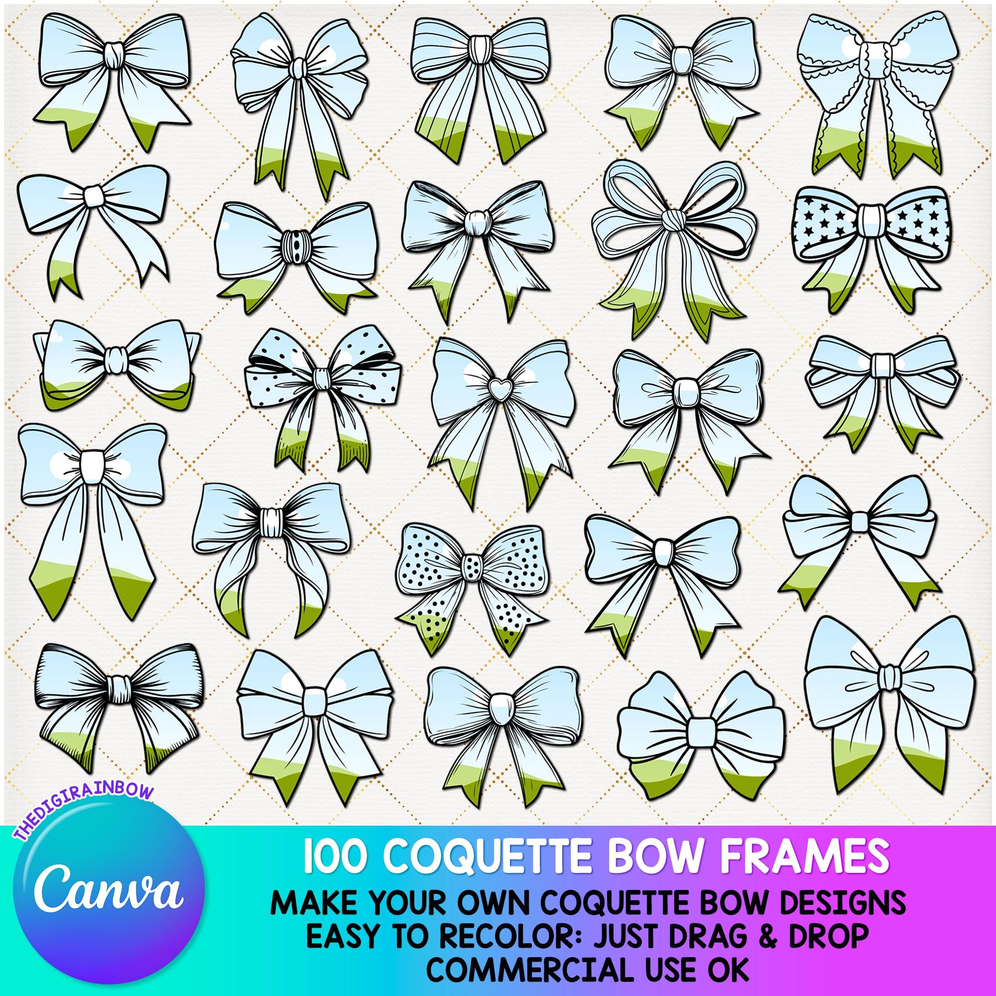 100 Coquette Bow CANVA frame bundle, Make Your Own Bow Template Drag and drop Pretty blank retro coquette sublimation designs commercial use
