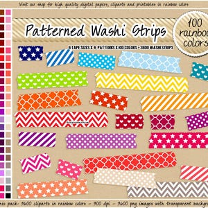 3600 washi-tape met patronen met patronen digitale washi-tape clipart regenboog vierpasbogen polka dot chevron sterren strepen hart washi-tape clipart