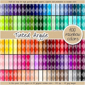 100 adesivos de papel de parede digital com estampa de diamante em tons pastel, incluindo padrão geométrico argyle e arco-íris, perfeitos para scrapbooking e impressão.