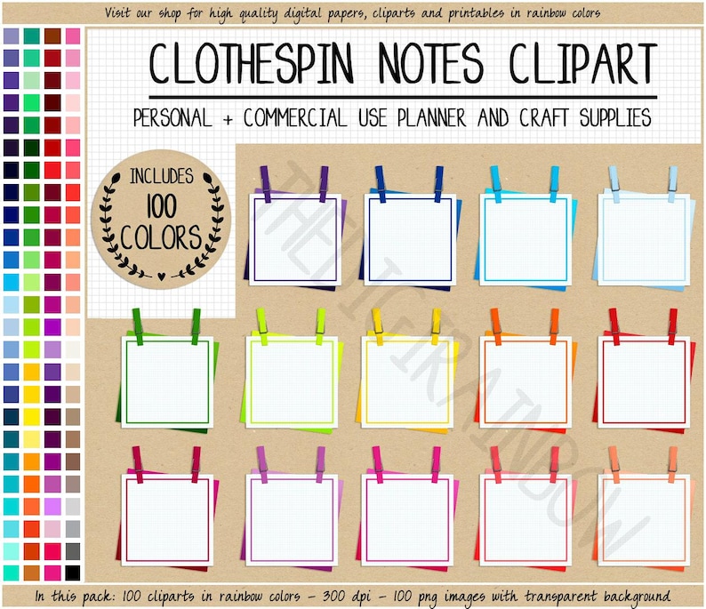 SALE 100 clothespin note box digital sticker hanging sticky note clipart rainbow sticker square box sticker printable Erin Condren Goodnotes image 1