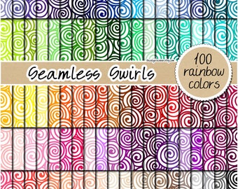 100 SEAMLESS swirl digital paper hand drawn doodle pattern rainbow abstract background printable scrapbook pastel neutral bright dark colors