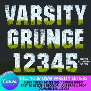 Alfabeto universitario desgastado, letras universitarias editables, plantilla CANVA de fútbol, fuente personalizada de números deportivos con función de arrastrar y soltar, sublimación grunge