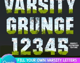 Alfabeto universitario desgastado, letras universitarias editables, plantilla CANVA de fútbol, fuente personalizada de números deportivos con función de arrastrar y soltar, sublimación grunge
