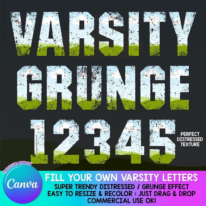 Beunruhigtes Varsity-Alphabet, bearbeitbare College-Buchstaben, Fußball CANVA-Vorlage, benutzerdefinierte Sportzahlen per Drop-and-Drop-Schriftart, Grunge Sublimation Bild 1