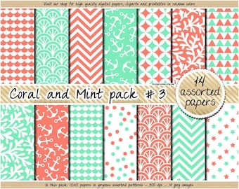 SALE Mint and coral digital paper nautical digital paper aqua peach mint coral anchor chevron confetti stars scallop geometric patterns