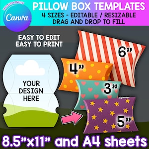 Pillow Box Editable CANVA Template Bundle, Printable Party Favor Box, Personalized Gift Box, Treat bag Template Sublimation 3&quot;, 4&quot;, 5&quot;, 6&quot;