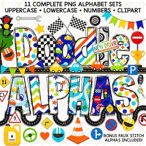 Paquete de alfabeto de garabatos de coches de carreras, patrón de bebé niño, letra, clipart de vehículo, bordado falso, fuente PNG, señal de tráfico, alfa, sublimación, regalo para niño