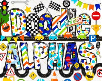 Race Car Doodle Alphabet Bundle Baby boy pattern letter vehicle clipart faux embroidery PNG font traffic sign alpha sublimation gift for kid