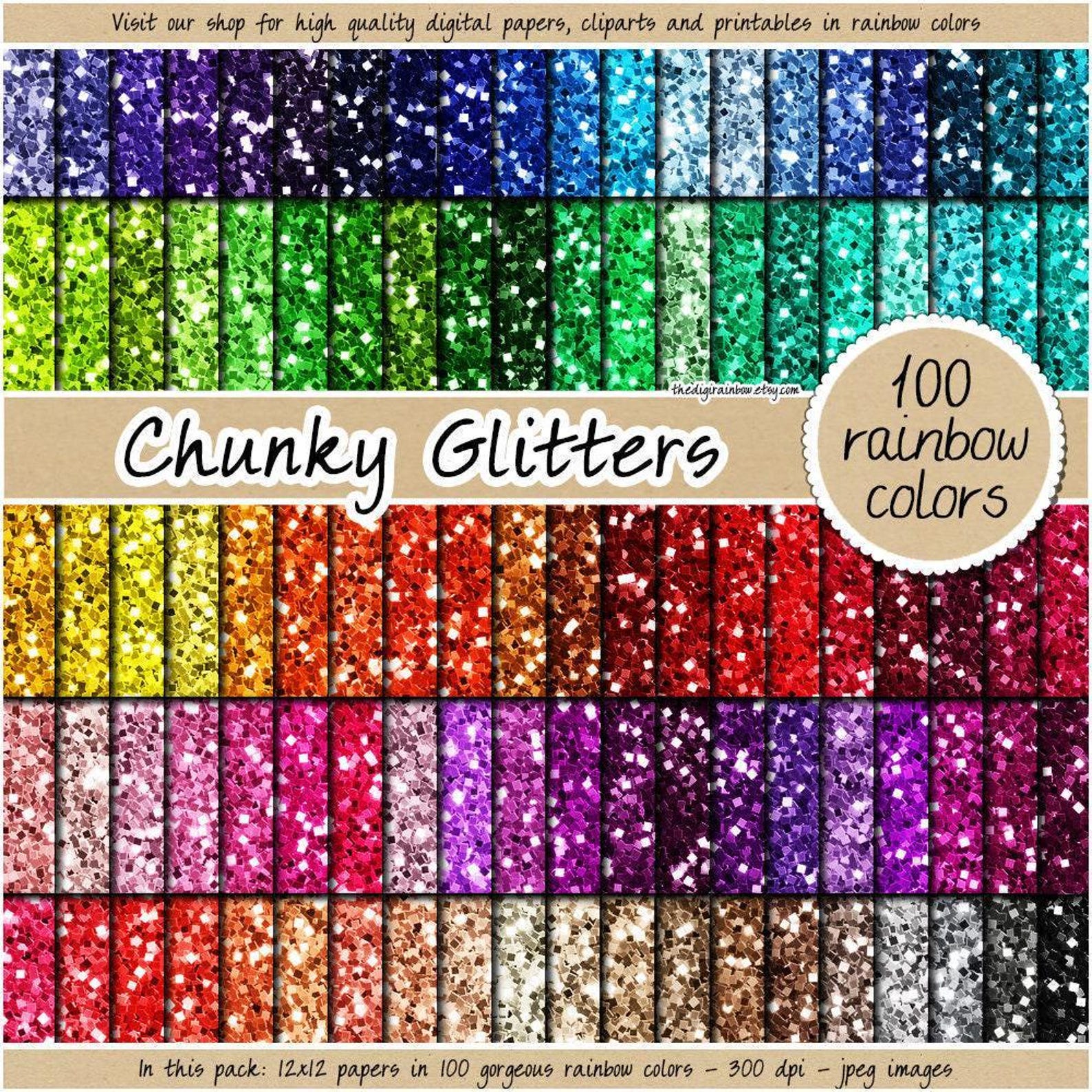 100 SEAMLESS Chunky Glitter Digital Paper Rainbow Glitter Sublimation ...