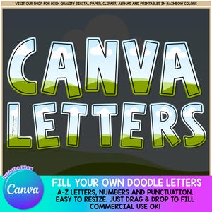 Riempi le tue lettere Doodle Modello alfabeto CANVA modificabile, alfabeti vuoti personalizzati, font CANVA trascina e rilascia Uso commerciale DTF a sublimazione