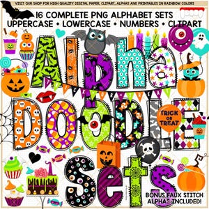 Halloween Doodle Alphabet PNG font spooky pumpkin lantern vampire ghost bones spider candy clipart bundle Trick Or Treat sublimation letters
