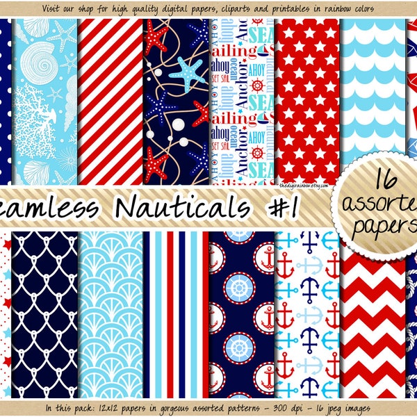 SALE Nautical digital paper sea seamless pattern navy blue red background printable scrapbook paper with seashell seahorse anchor boat icons