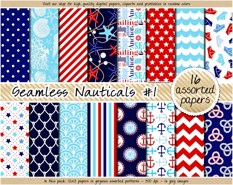 SALE Nautical digital paper sea seamless pattern navy blue red background printable scrapbook paper with seashell seahorse anchor boat icons image 1