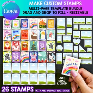Plantilla de sello postal, sellos decorativos personalizados, marco de Canva editable con borde de sello, diseños de sublimación para diarios basura imprimibles (DIY)
