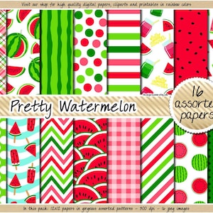 Papel digital de sandía SIN COSTURAS, papel digital imprimible con patrón de sandía, papel digital rosa y verde, clipart de sandía, fondo de verano, apliques de frutas