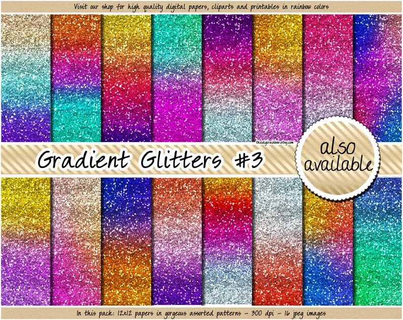 SALE Gradient glitter digital paper rainbow glitter digital paper ombre glitter metallic glitter background pink blue purple gold silver red image 3
