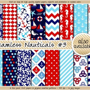 Papel digital náutico sem costura para scrapbooking, clipart marinho, azul marinho e vermelho, estampa de bóia, âncora, coral, concha e estrela-do-mar. imagem 4