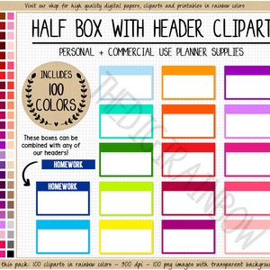 VERKOOP 100 HEADER HALF vak digitale sticker gekleurde halve vak functionele afdrukbare planner regenboog Erin Condren deco blanco Goodnotes clipart
