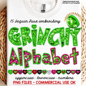 Alfabeto PNG Grinchy, pacote de sublimação de bordado falso de filme de Natal, letras de patch de ponto de lantejoulas, uso comercial de glitter realista DTF