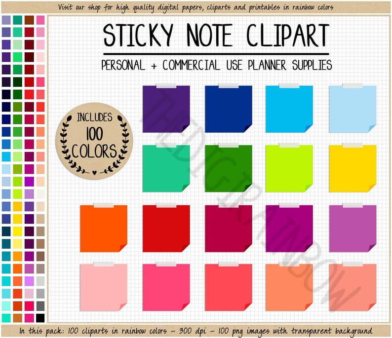 SALE 100 sticky note digital sticker square tapped note clipart rainbow pinned box sticker printable Erin Condren Goodnotes Bullet Journal image 1